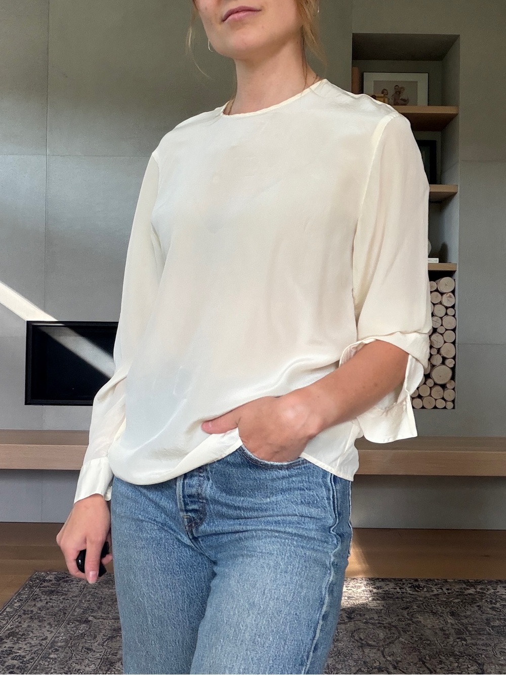 Vintage 100% silk Classic Ivory Women's Long-Sleeve Blouse sheer